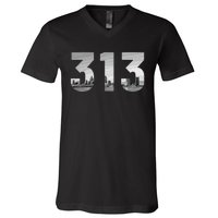 Detroit 313 Area Code Skyline Michigan Vintage V-Neck T-Shirt