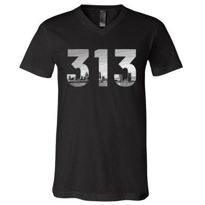 Detroit 313 Area Code Skyline Michigan Vintage V-Neck T-Shirt