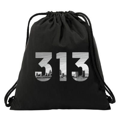 Detroit 313 Area Code Skyline Michigan Vintage Drawstring Bag