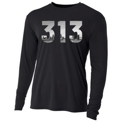 Detroit 313 Area Code Skyline Michigan Vintage Cooling Performance Long Sleeve Crew