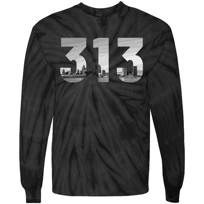 Detroit 313 Area Code Skyline Michigan Vintage Tie-Dye Long Sleeve Shirt