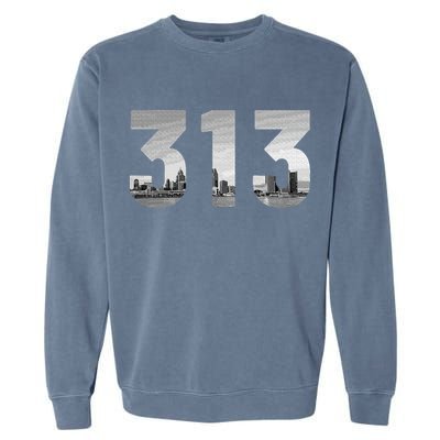 Detroit 313 Area Code Skyline Michigan Vintage Garment-Dyed Sweatshirt