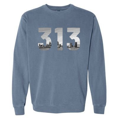 Detroit 313 Area Code Skyline Michigan Vintage Garment-Dyed Sweatshirt