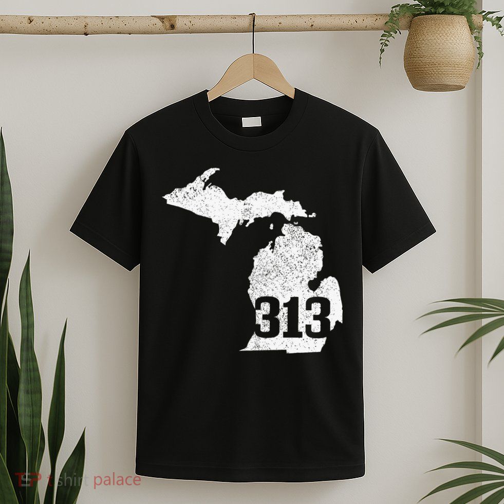 Detroit 313 Area Code Michigan Map State Pride Vintage T-Shirt