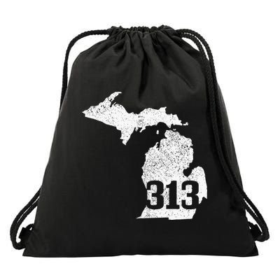 Detroit 313 Area Code Michigan Map State Pride Vintage Drawstring Bag