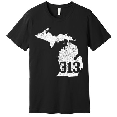 Detroit 313 Area Code Michigan Map State Pride Vintage Premium T-Shirt