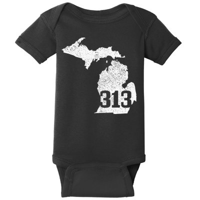 Detroit 313 Area Code Michigan Map State Pride Vintage Baby Bodysuit