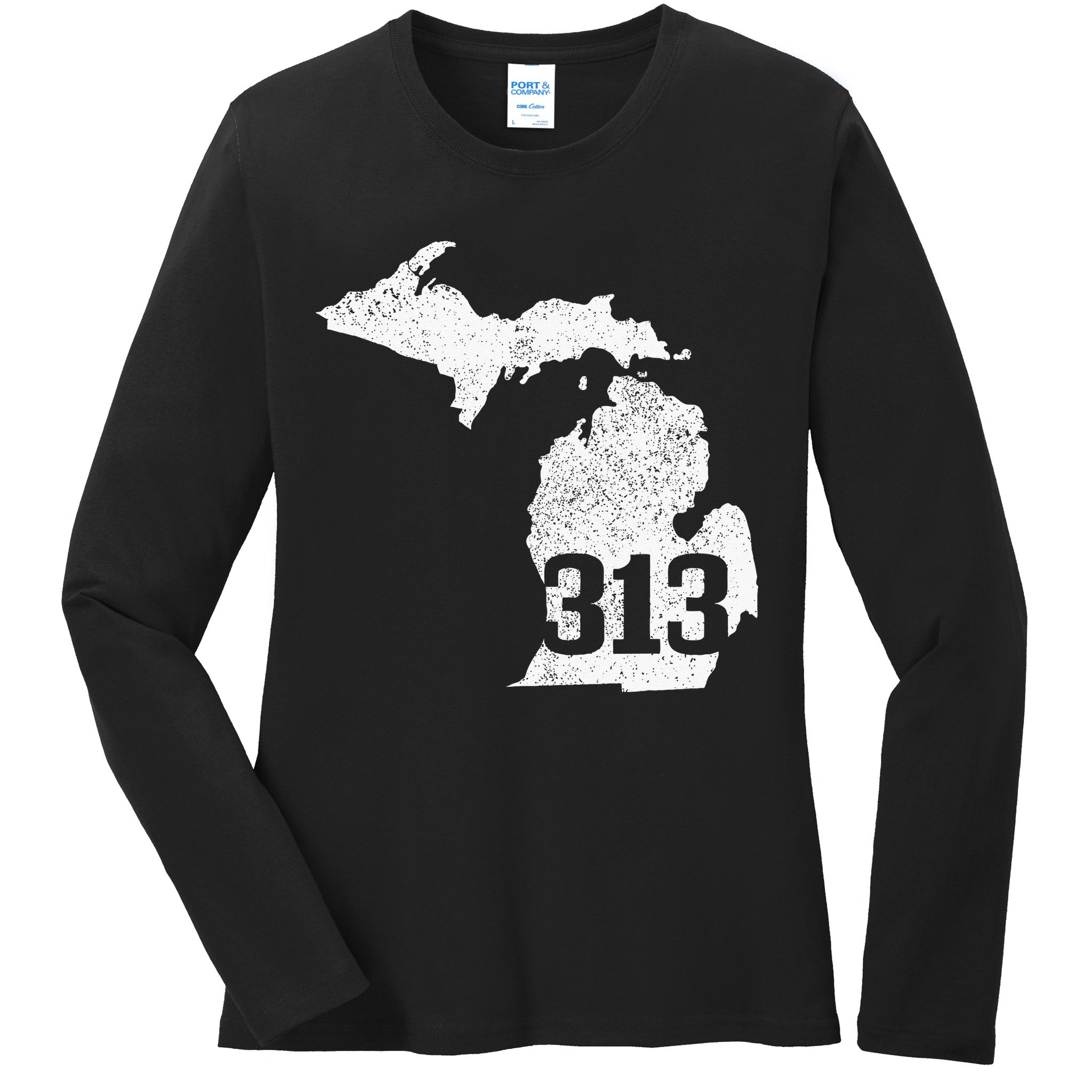Detroit 313 Area Code Michigan Map State Pride Vintage Ladies Long Sleeve Shirt