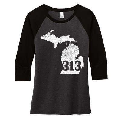 Detroit 313 Area Code Michigan Map State Pride Vintage Women's Tri-Blend 3/4-Sleeve Raglan Shirt