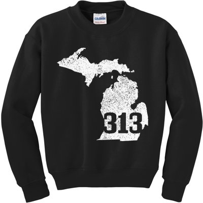 Detroit 313 Area Code Michigan Map State Pride Vintage Kids Sweatshirt