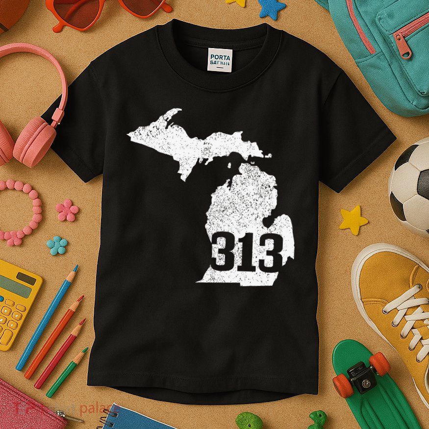 Detroit 313 Area Code Michigan Map State Pride Vintage Kids T-Shirt