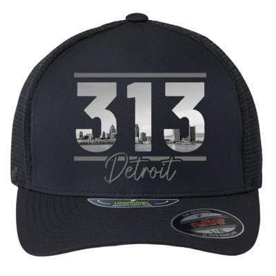 Detroit 313 Area Code Skyline Michigan Vintage Flexfit Unipanel Trucker Cap