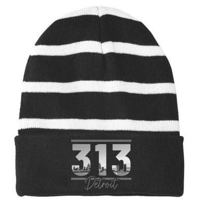 Detroit 313 Area Code Skyline Michigan Vintage Striped Beanie with Solid Band