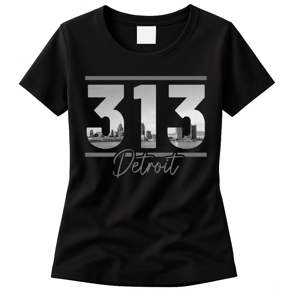 Detroit 313 Area Code Skyline Michigan Vintage Womens T-Shirt