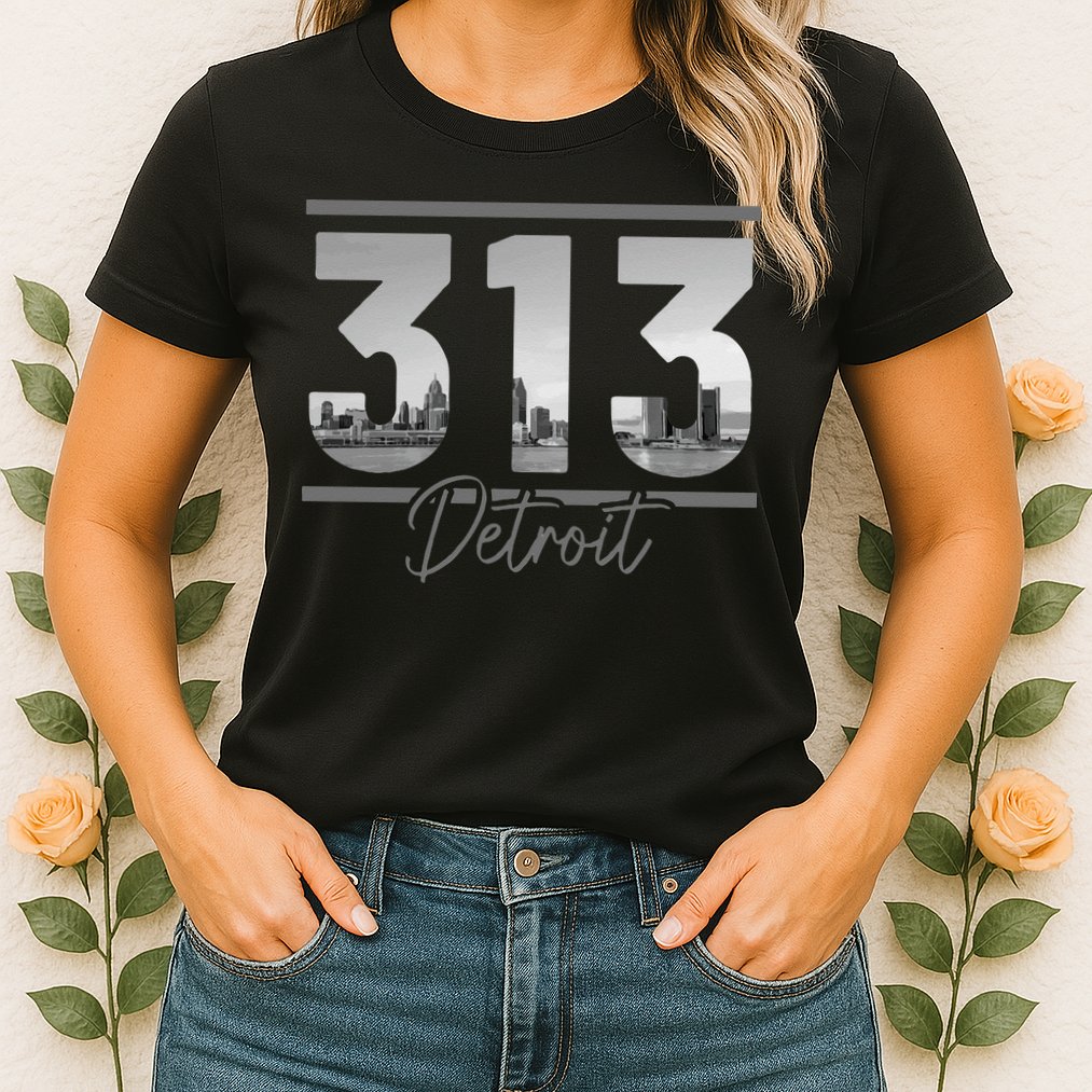 Detroit 313 Area Code Skyline Michigan Vintage Womens T-Shirt