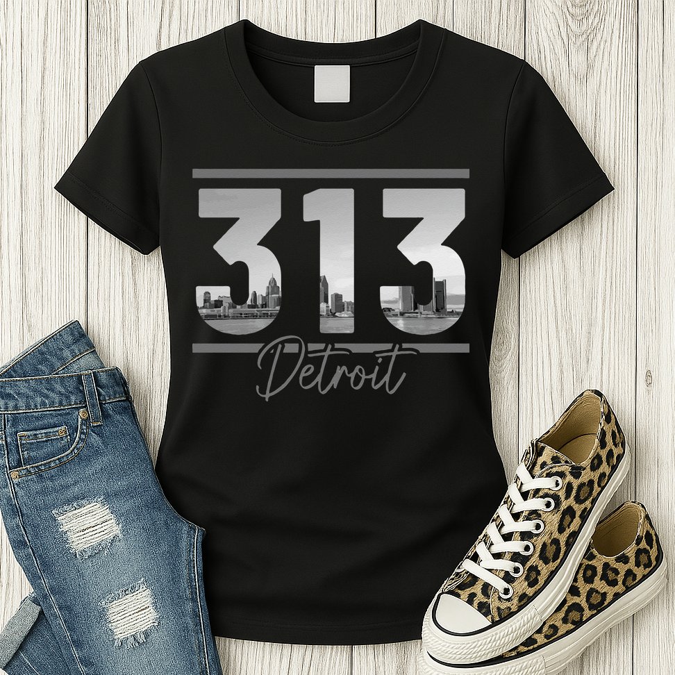 Detroit 313 Area Code Skyline Michigan Vintage Womens T-Shirt