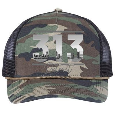 Detroit 313 Area Code Skyline Michigan Vintage Retro Rope Trucker Hat Cap