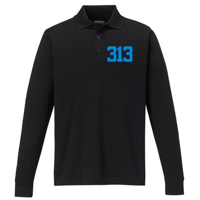 Detroit 313 Area Code GRIT Sports Fan Detroiter Fan Performance Long Sleeve Polo