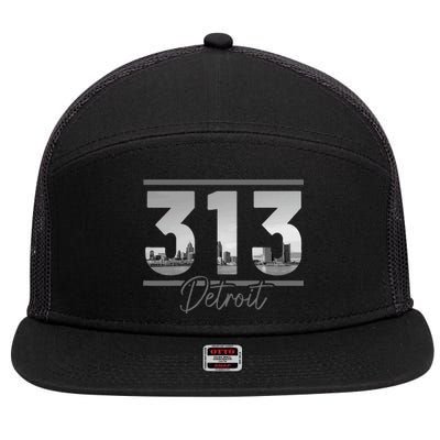 Detroit 313 Area Code Skyline Michigan Vintage 7 Panel Mesh Trucker Snapback Hat