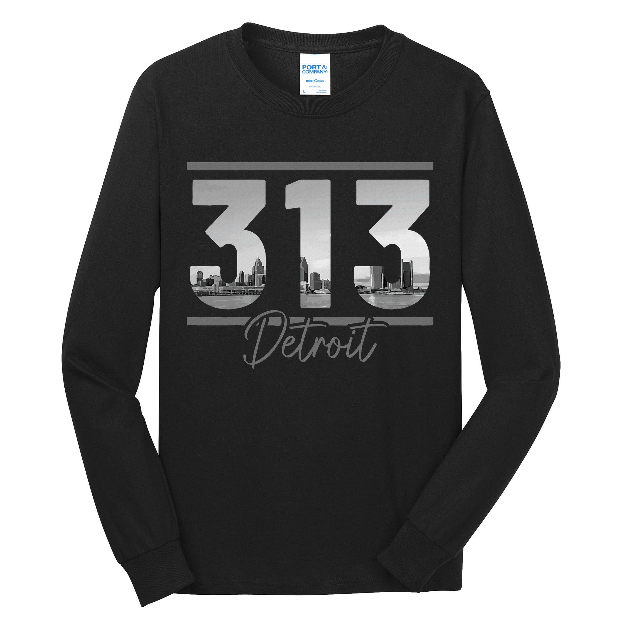 Detroit 313 Area Code Skyline Michigan Vintage Tall Long Sleeve T-Shirt
