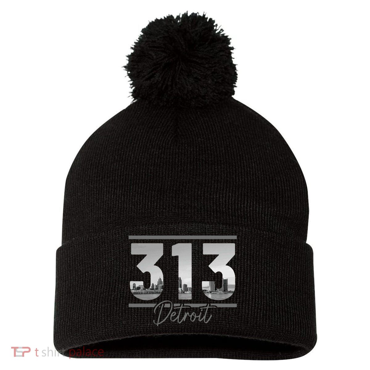 Detroit 313 Area Code Skyline Michigan Vintage Pom Pom 12in Knit Beanie