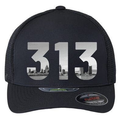 Detroit 313 Area Code Skyline Michigan Vintage Flexfit Unipanel Trucker Cap