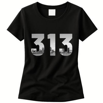 Detroit 313 Area Code Skyline Michigan Vintage Womens T-Shirt