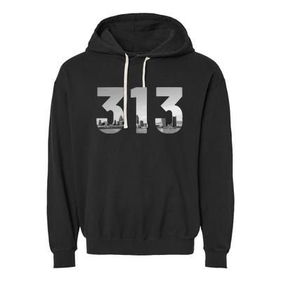 Detroit 313 Area Code Skyline Michigan Vintage Garment-Dyed Fleece Hoodie