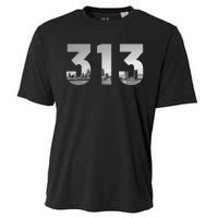 Detroit 313 Area Code Skyline Michigan Vintage Cooling Performance Crew T-Shirt