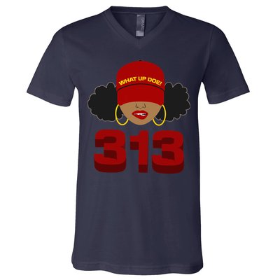 Detroit 313 Area Code What Up Doe Black Woman V-Neck T-Shirt
