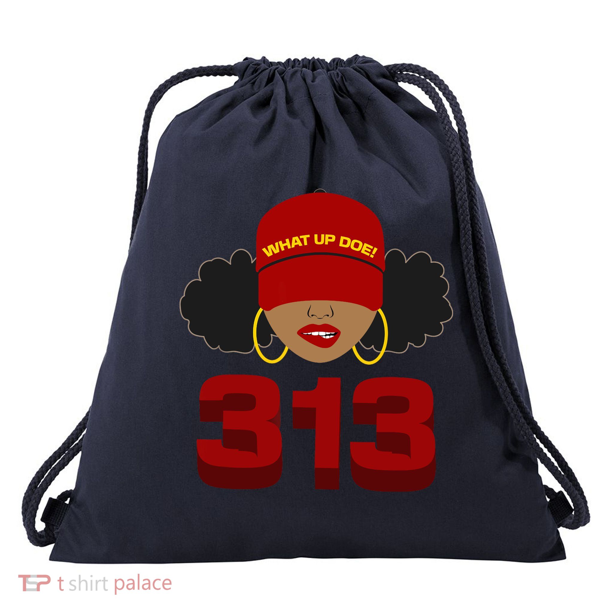 Detroit 313 Area Code What Up Doe Black Woman Drawstring Bag