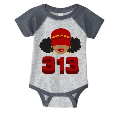 Detroit 313 Area Code What Up Doe Black Woman Infant Baby Jersey Bodysuit