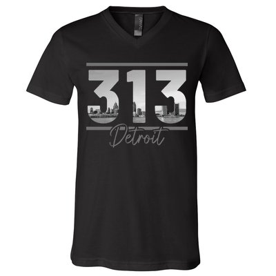 Detroit 313 Area Code Skyline Michigan Vintage V-Neck T-Shirt