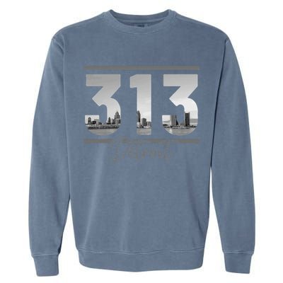 Detroit 313 Area Code Skyline Michigan Vintage Garment-Dyed Sweatshirt