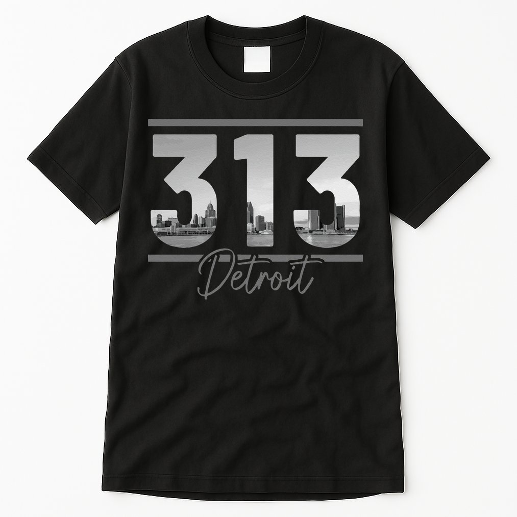 Detroit 313 Area Code Skyline Michigan Vintage Tall T-Shirt