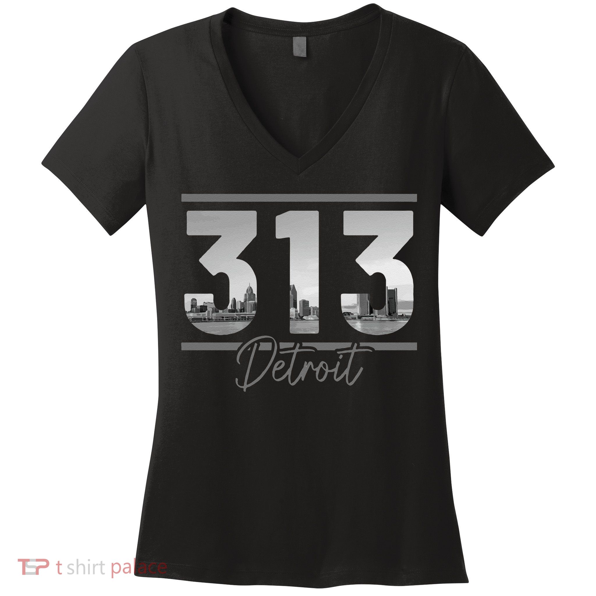 Detroit 313 Area Code Skyline Michigan Vintage Women's V-Neck T-Shirt