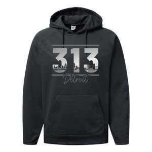 Detroit 313 Area Code Skyline Michigan Performance Fleece Hoodie