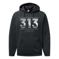 Detroit 313 Area Code Skyline Michigan Performance Fleece Hoodie