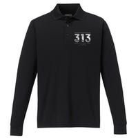 Detroit 313 Area Code Skyline Michigan Performance Long Sleeve Polo