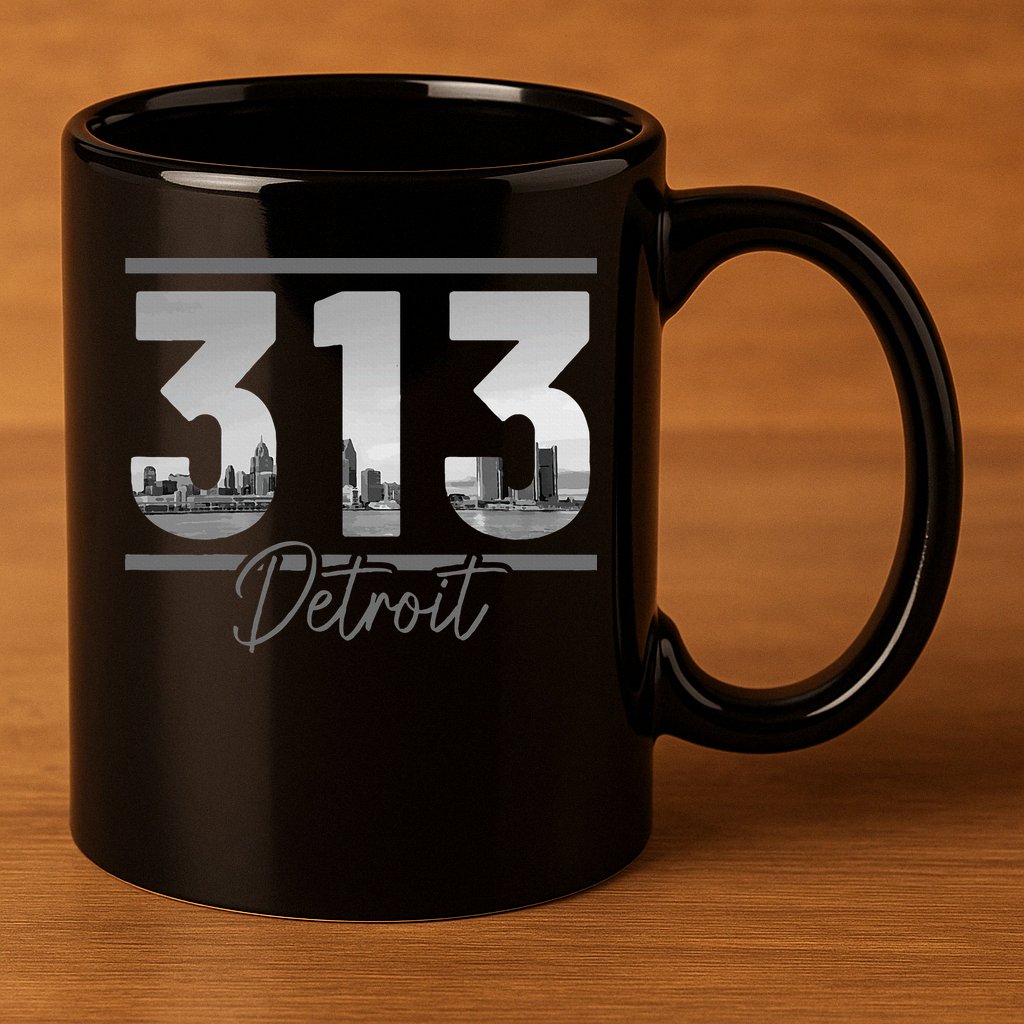 Detroit 313 Area Code Skyline Michigan 11oz C Handle Ceramic Mug