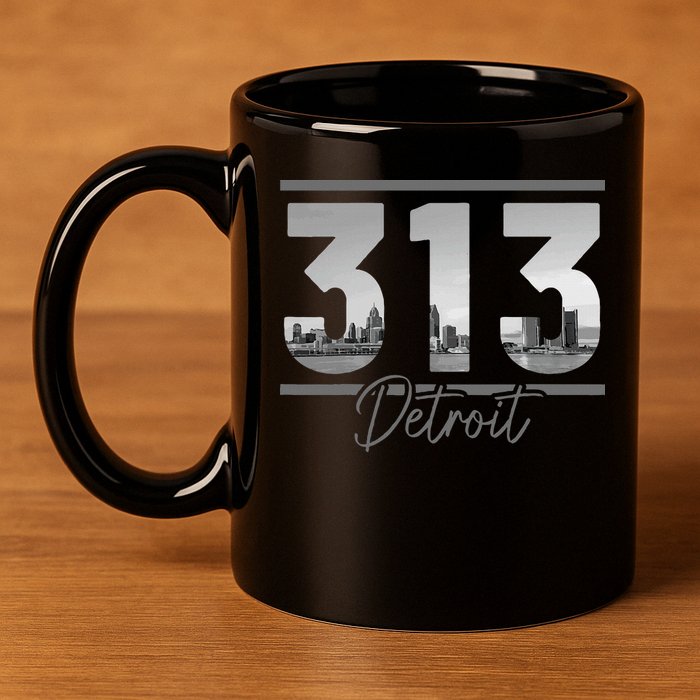 Detroit 313 Area Code Skyline Michigan 11oz C Handle Ceramic Mug