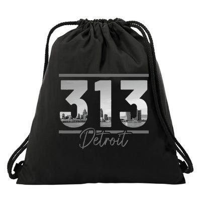 Detroit 313 Area Code Skyline Michigan Drawstring Bag