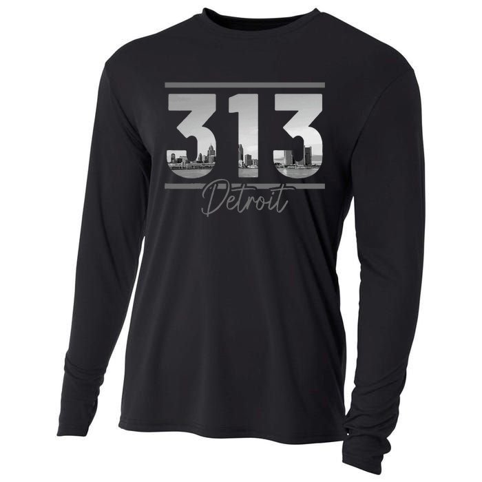 Detroit 313 Area Code Skyline Michigan Cooling Performance Long Sleeve Crew