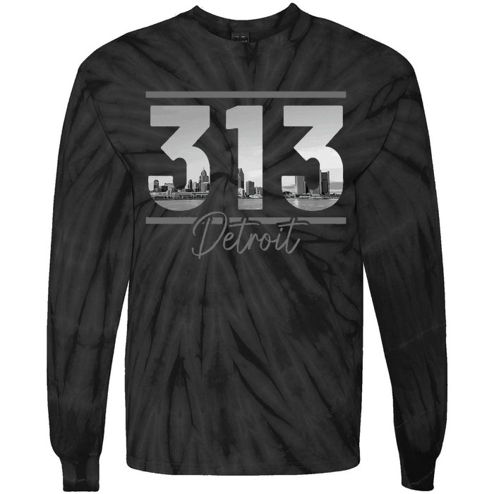 Detroit 313 Area Code Skyline Michigan Tie-Dye Long Sleeve Shirt