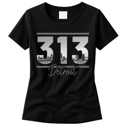 Detroit 313 Area Code Skyline Michigan Womens T-Shirt