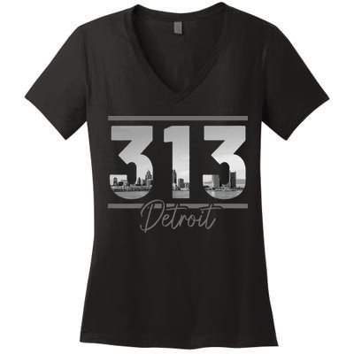 Detroit 313 Area Code Skyline Michigan Women's V-Neck T-Shirt