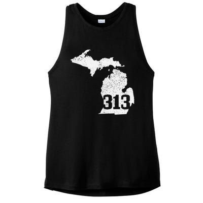 Detroit 313 Area Code Michigan Map State Pride Vintage Ladies PosiCharge Tri-Blend Wicking Tank