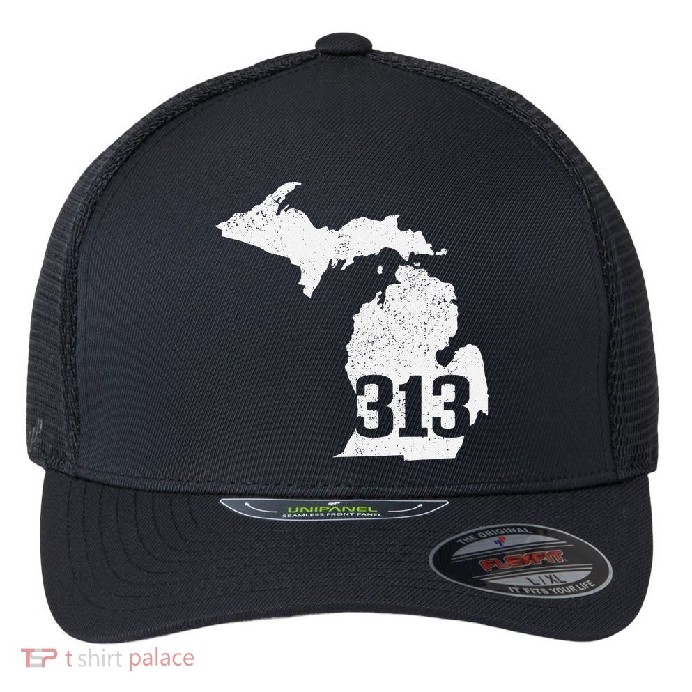 Detroit 313 Area Code Michigan Map State Pride Vintage Flexfit Unipanel Trucker Cap