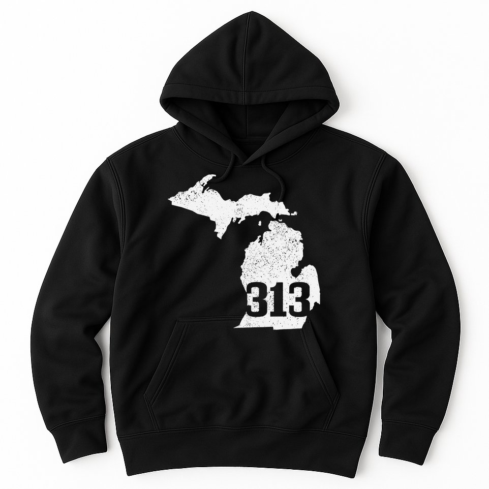 Detroit 313 Area Code Michigan Map State Pride Vintage Hoodie