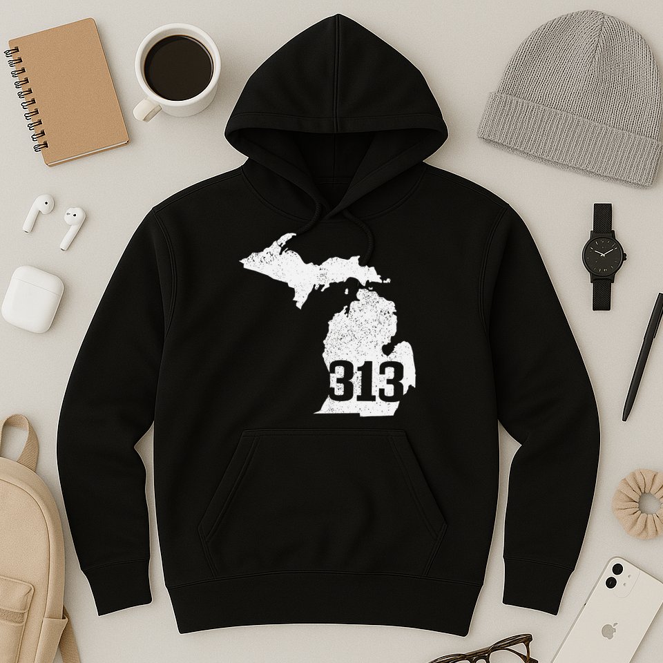Detroit 313 Area Code Michigan Map State Pride Vintage Hoodie